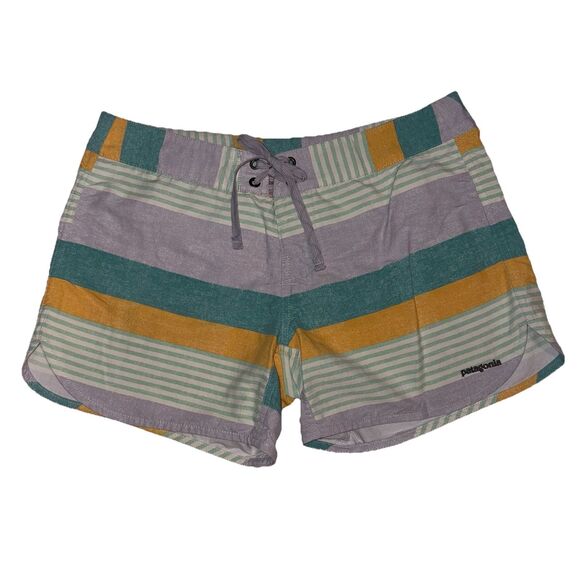 Patagonia Wavefarer Board Shorts Women’s Size 8 Lavender Yellow Green Stripe - Picture 1 of 11